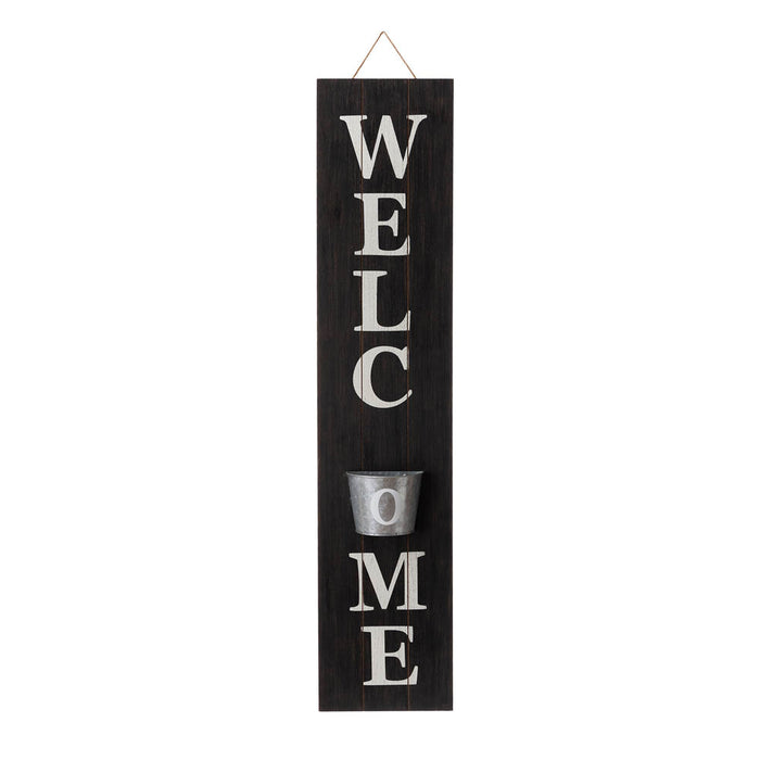42"H Wooden Black WELCOME Porch Sign with Metal Planter