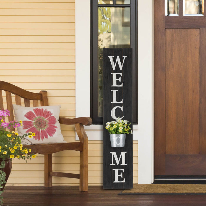 42"H Wooden Black WELCOME Porch Sign with Metal Planter