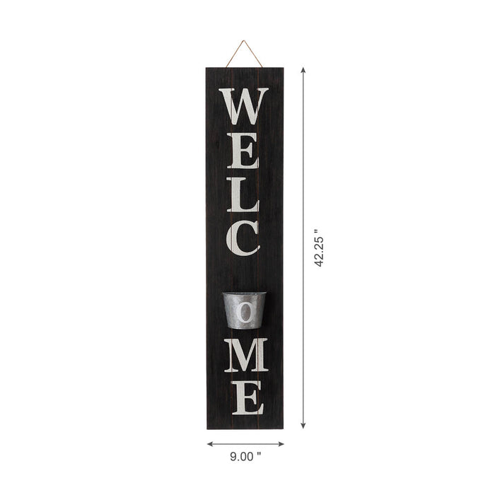 42"H Wooden Black WELCOME Porch Sign with Metal Planter