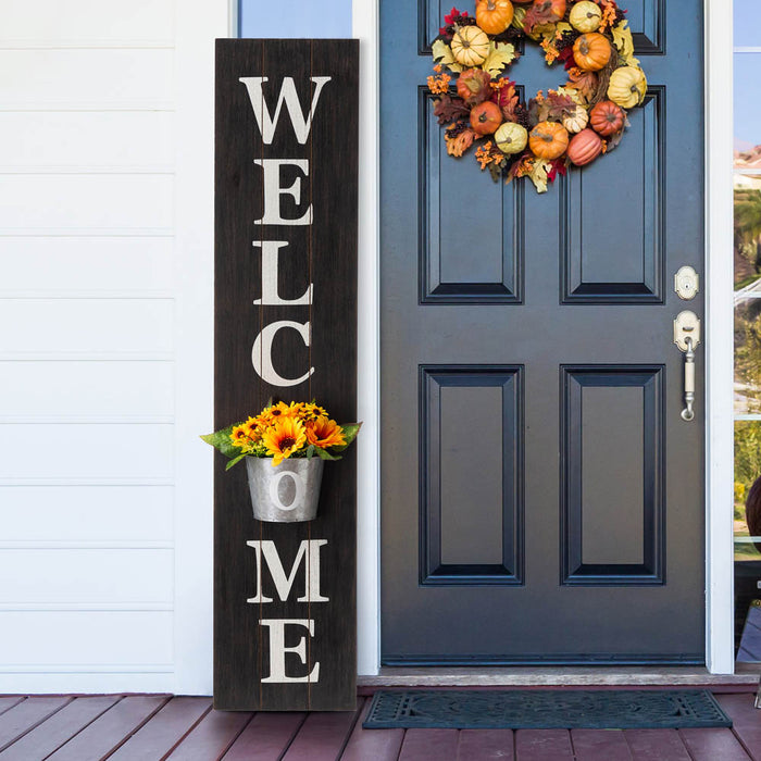 42"H Wooden Black WELCOME Porch Sign with Metal Planter