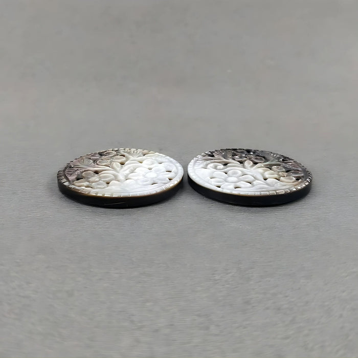 49.25cts Mother Of Pearl Gemstone Carving Natural Untreated Black Round Shape 30mm Pair