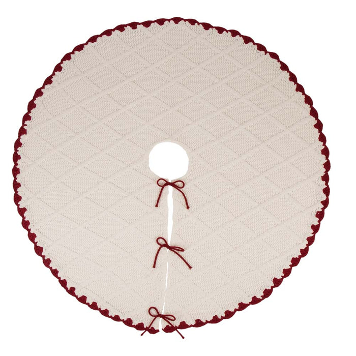 52"D Knitted Polyester White Christmas Tree Skirt with Red Trim Pompom