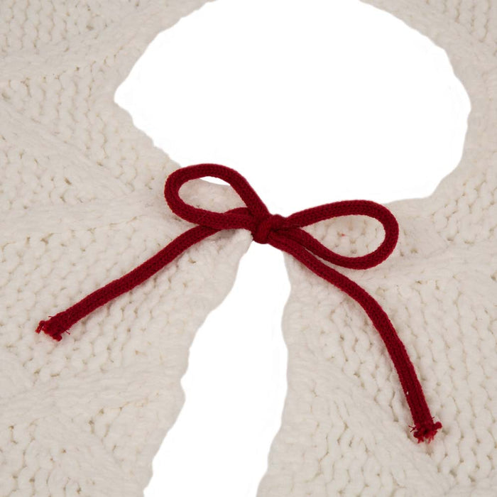 52"D Knitted Polyester White Christmas Tree Skirt with Red Trim Pompom