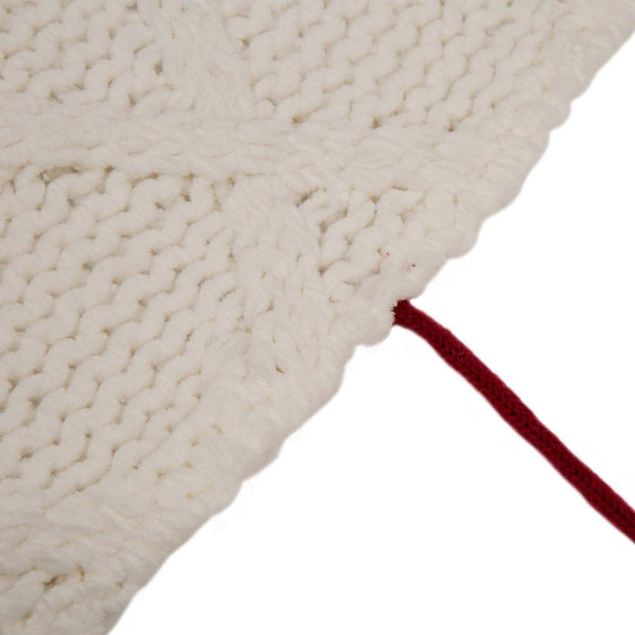 52"D Knitted Polyester White Christmas Tree Skirt with Red Trim Pompom