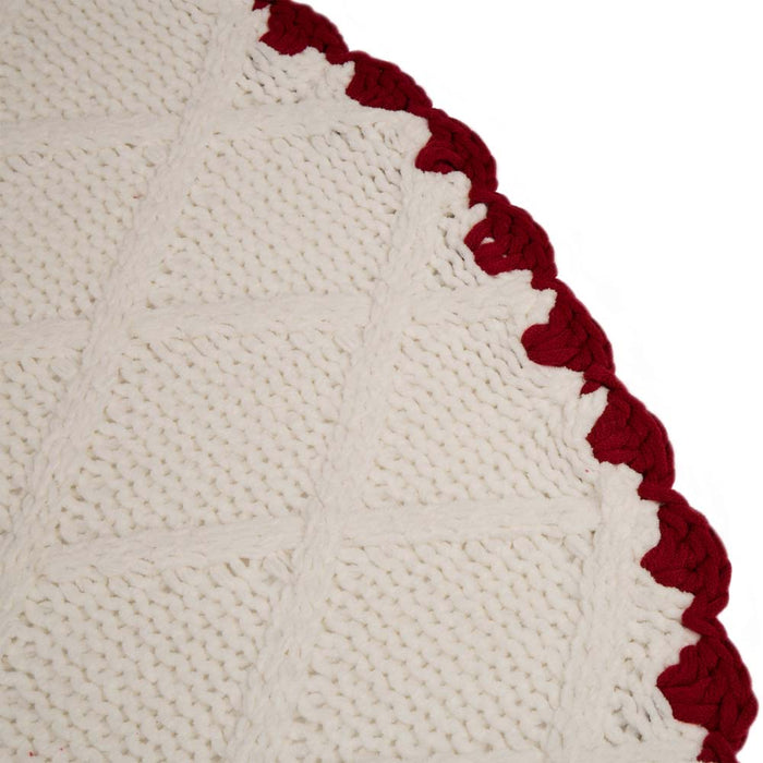 52"D Knitted Polyester White Christmas Tree Skirt with Red Trim Pompom