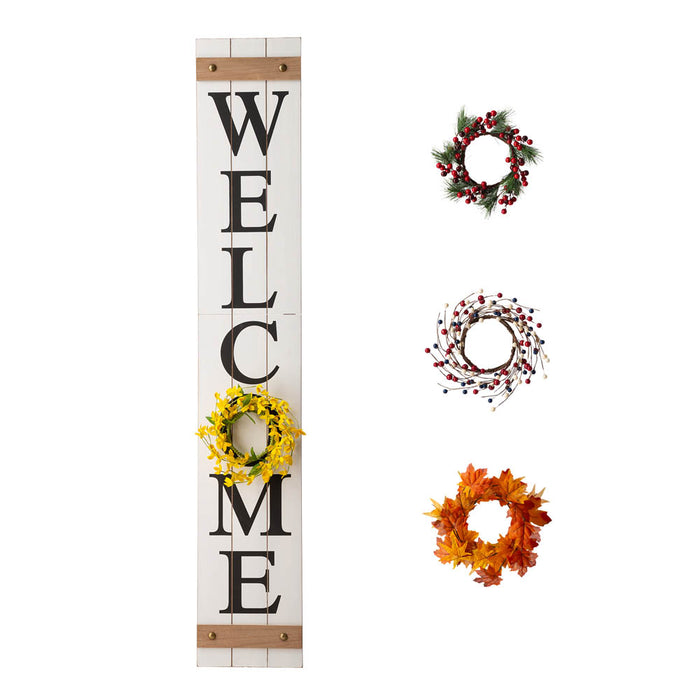 60"H Wooden White WELCOME Porch Sign With 4 Interchangeable Wreathes（Spring/Patriotic/Fall/Christmas）