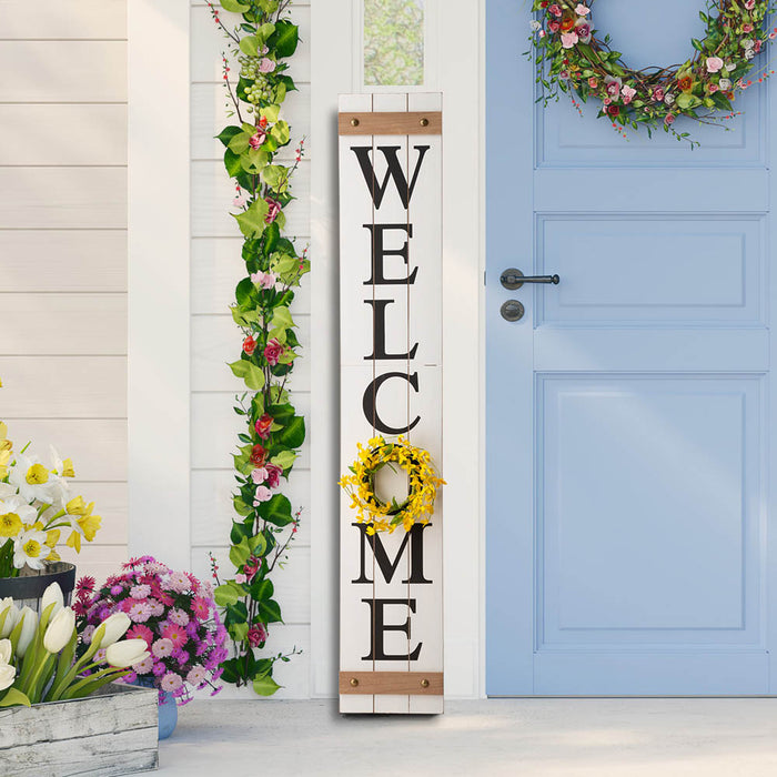 60"H Wooden White WELCOME Porch Sign With 4 Interchangeable Wreathes（Spring/Patriotic/Fall/Christmas）