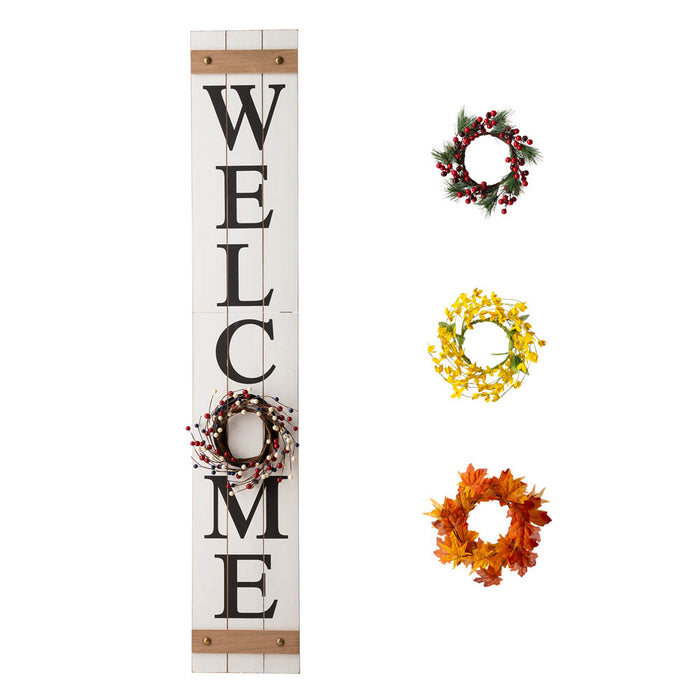 60"H Wooden White WELCOME Porch Sign With 4 Interchangeable Wreathes（Spring/Patriotic/Fall/Christmas）