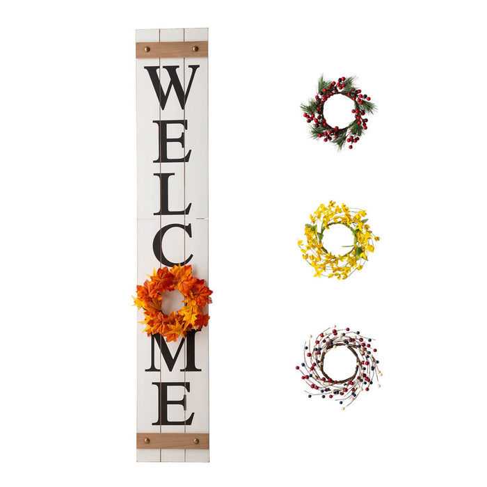60"H Wooden White WELCOME Porch Sign With 4 Interchangeable Wreathes（Spring/Patriotic/Fall/Christmas）