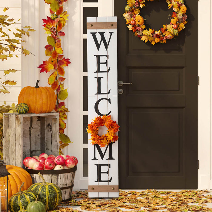 60"H Wooden White WELCOME Porch Sign With 4 Interchangeable Wreathes（Spring/Patriotic/Fall/Christmas）