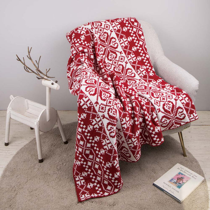 60"L*50"W Knitted Snowflake Polyester Red/White Throw Blanket 930g