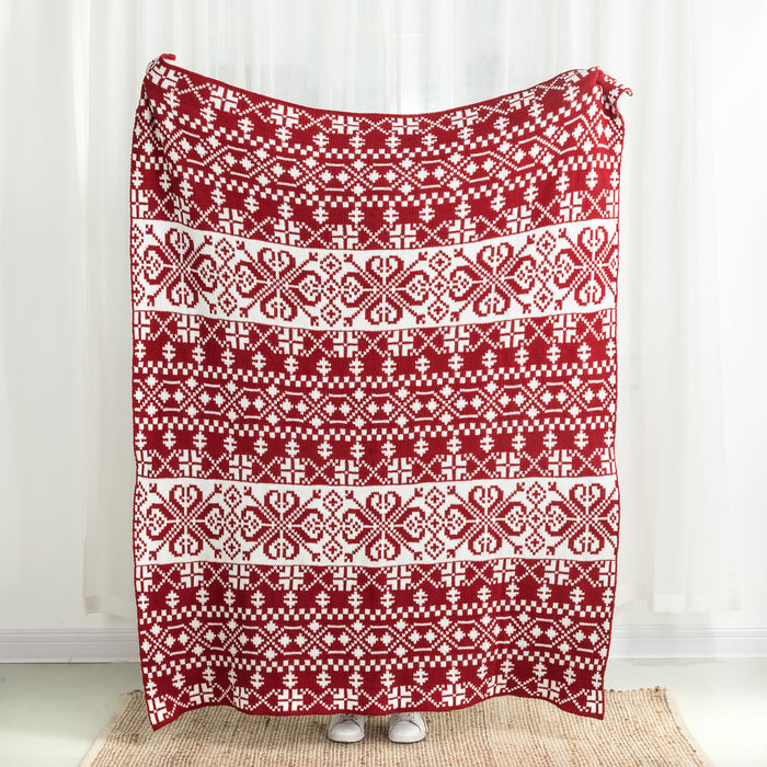 60"L*50"W Knitted Snowflake Polyester Red/White Throw Blanket 930g