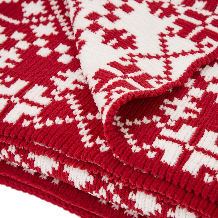 60"L*50"W Knitted Snowflake Polyester Red/White Throw Blanket 930g