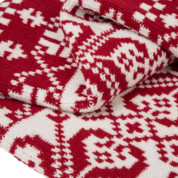 60"L*50"W Knitted Snowflake Polyester Red/White Throw Blanket 930g