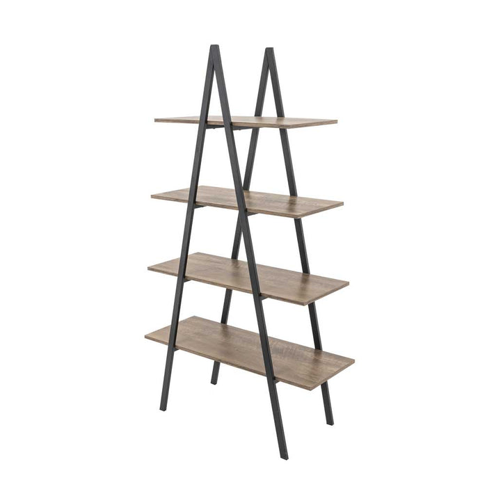64.5"H Modern Industrial Rustic Oak Melamine 4-Tier Leaning Bookcases & Ladder Shelves
