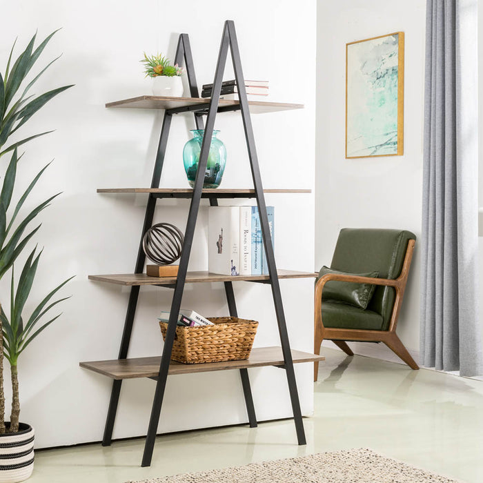 64.5"H Modern Industrial Rustic Oak Melamine 4-Tier Leaning Bookcases & Ladder Shelves