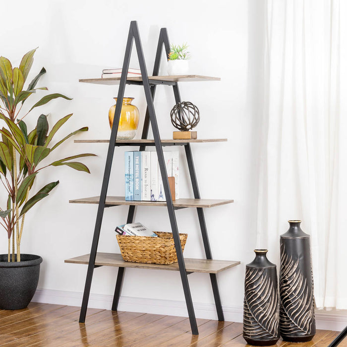 64.5"H Modern Industrial Rustic Oak Melamine 4-Tier Leaning Bookcases & Ladder Shelves