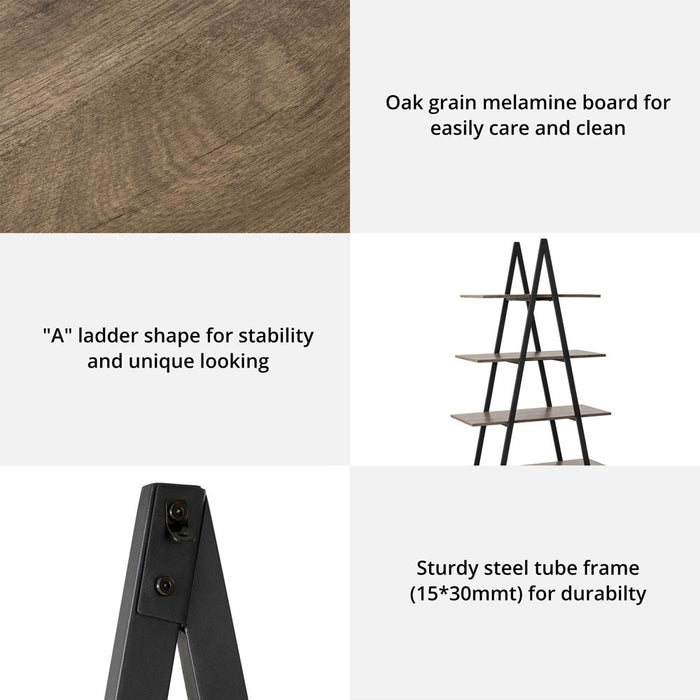 64.5"H Modern Industrial Rustic Oak Melamine 4-Tier Leaning Bookcases & Ladder Shelves