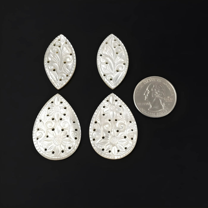 73.85cts Mother Of Pearl Gemstone Carving Natural Untreated White Marquise, Pear Shape 4pcs Set