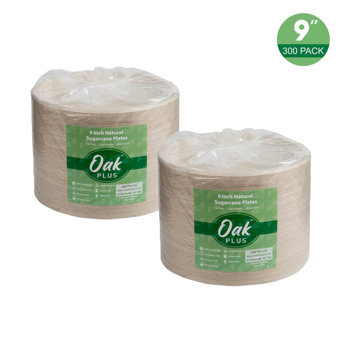 9 inch Natural Compostable & Disposable Sugarcane Plates, 300 Pack