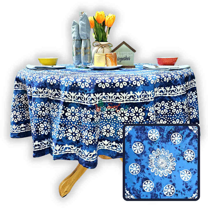 Batik Bloom Cotton Floral Tablecloth Rectangle, Round, Square, Shadow Blue - Sweet Us
