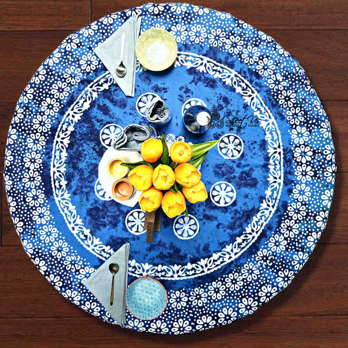 Batik Bloom Cotton Floral Tablecloth Rectangle, Round, Square, Shadow Blue - Sweet Us