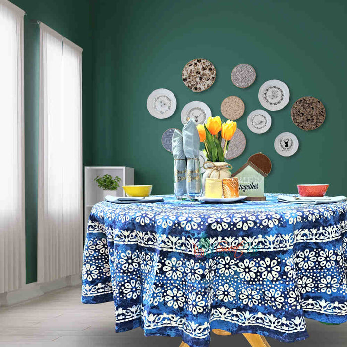 Batik Bloom Cotton Floral Tablecloth Rectangle, Round, Square, Shadow Blue - Sweet Us