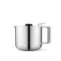 A stainless steel electric kettle with a rounded body, a rectangular handle, a pouring spout, and a black lid, shown on a clean white background.
