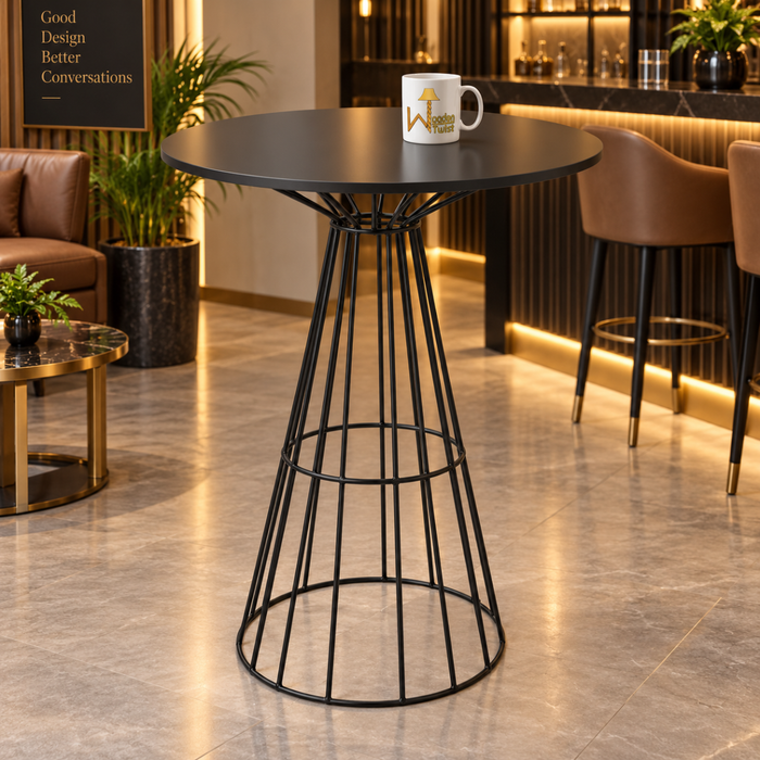 AeroCage Round Bar Table - angled view in a lounge bar setting with coffee mug
