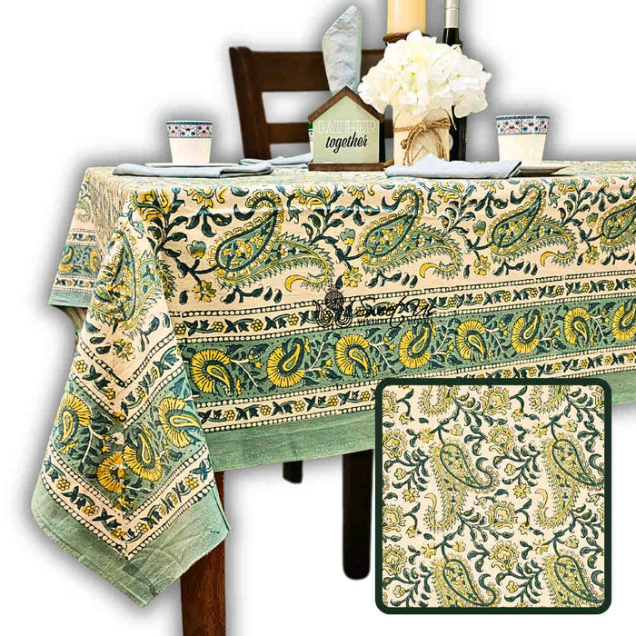 Parisian Paisley Floral Block Print Cotton Tablecloth Square, Lime Terrace - Sweet Us