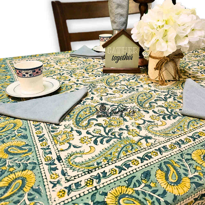 Parisian Paisley Floral Block Print Cotton Tablecloth Square, Lime Terrace - Sweet Us