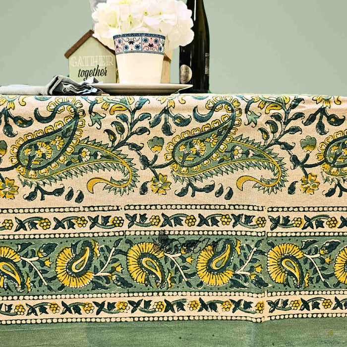 Parisian Paisley Floral Block Print Cotton Tablecloth Square, Lime Terrace - Sweet Us