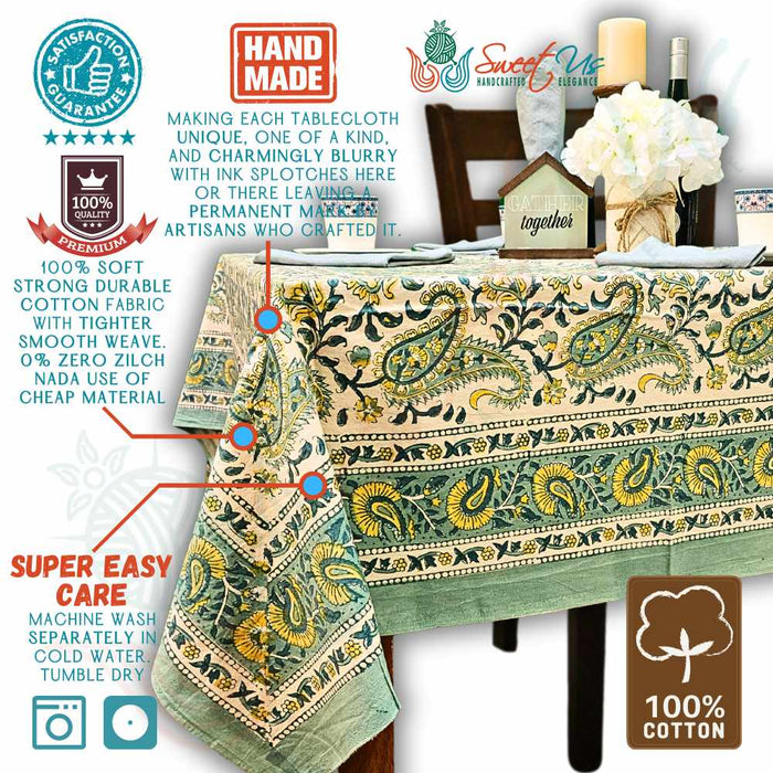 Parisian Paisley Floral Block Print Cotton Tablecloth Square, Lime Terrace - Sweet Us