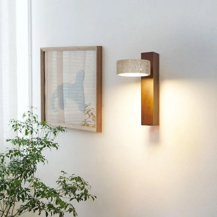 Aurevo Travertine Rotatable Wall Lamp beside framed wall art and a potted plant in a living room