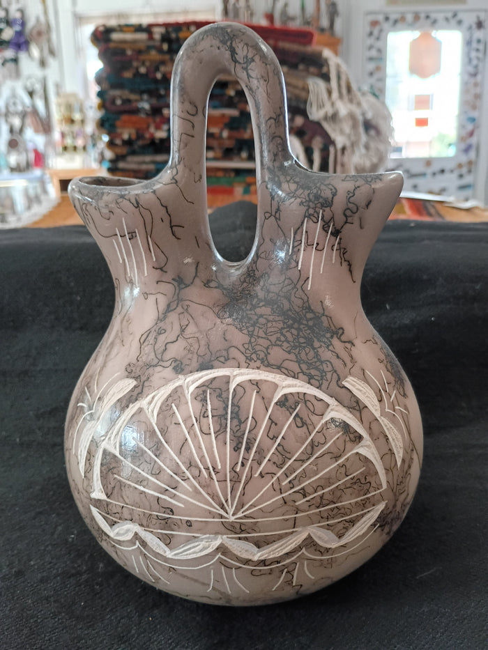 Authentic Navajo Horsehair Wedding Vase Pottery, 9" tall x 18" in Diameter; NP4-2