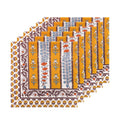 Six  napkins with a block print pattern, fanned out to show the stack. The napkins feature a mustard yellow center with blue and orange floral motifs, bordered by brown and white patterns.