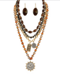 Brown Multi Layering Necklace with Earrings