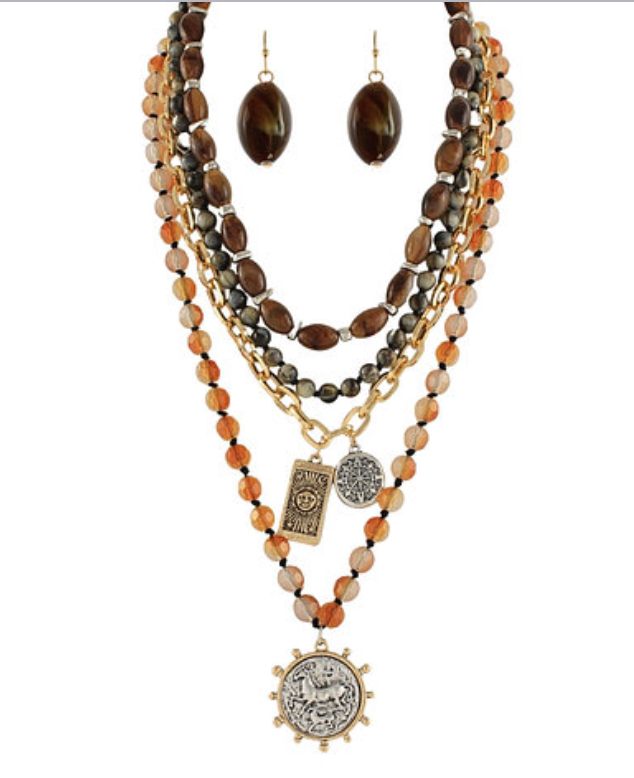 Brown Multi Layering Necklace with Earrings