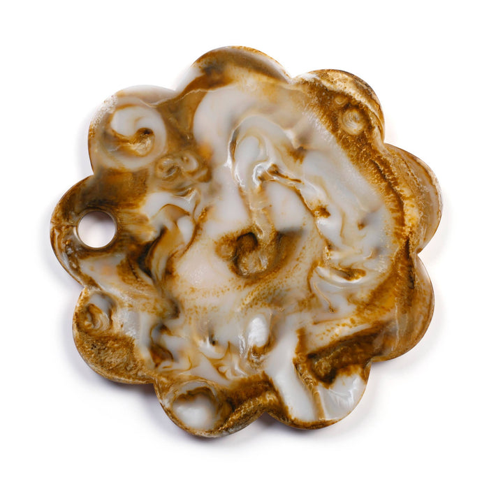 A scalloped, flower-shaped pendant with a hole on one side, featuring a marbled pattern of brown and cream-white, photographed on a white background.