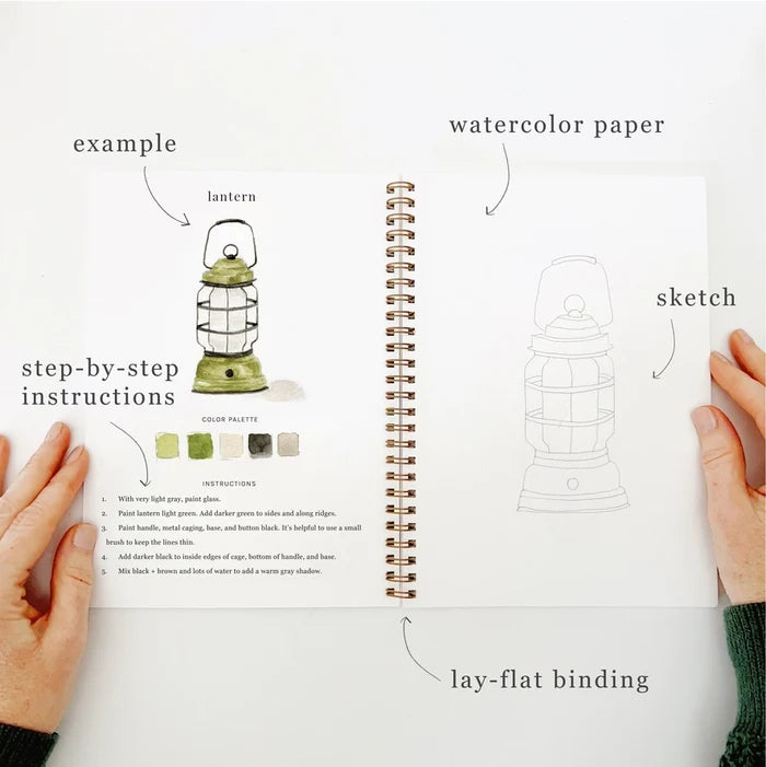 Open book with watercolor paper, showing a lantern and step-by-step instructions.