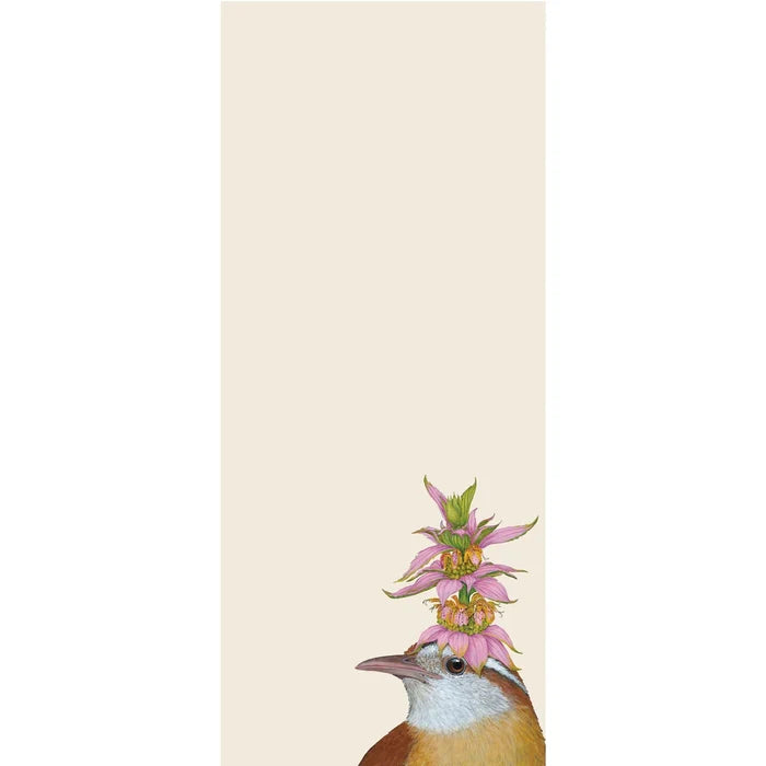 jotter note with an illustration of a bird with a pink flower on its head