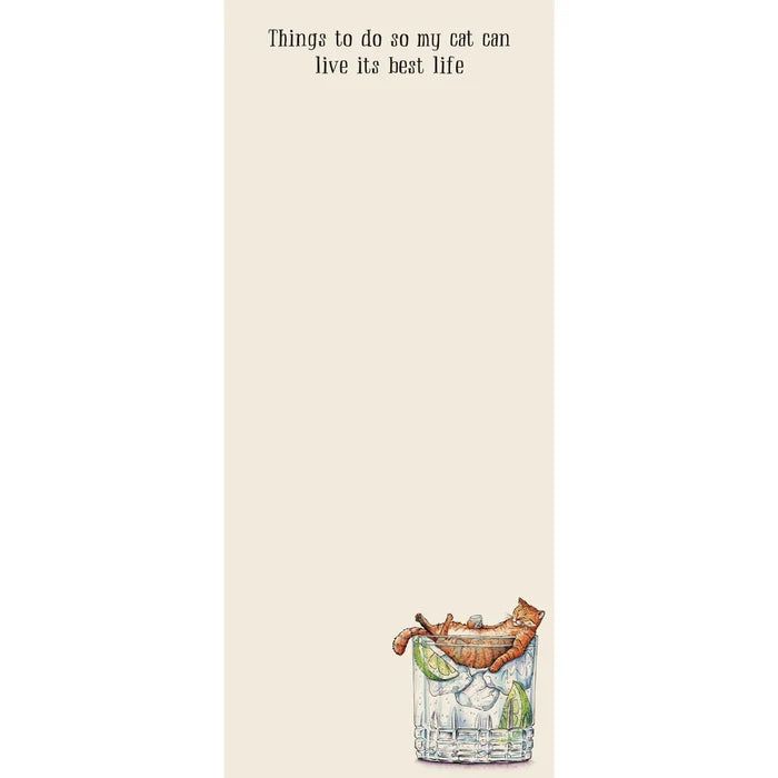 Cartoon cat in a glass with a gin and tonic 'Things to do so my cat can live its best life'