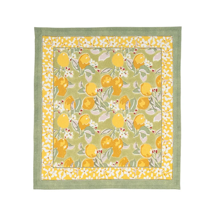 A green and yellow napkin with a lemon design