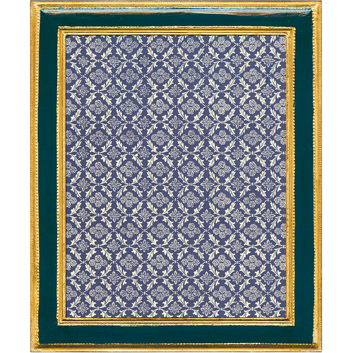 A square framed textile or wall hanging with a repeating ornate damask-style pattern in navy blue and cream, surrounded by a wide dark teal-green border and a decorative gold frame.
