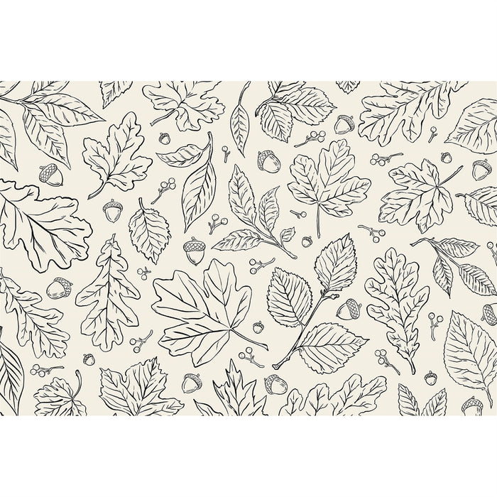 A repeating seamless pattern of hand-drawn black line art botanical elements, including leaves, acorns, and small berries, on a warm off-white background.