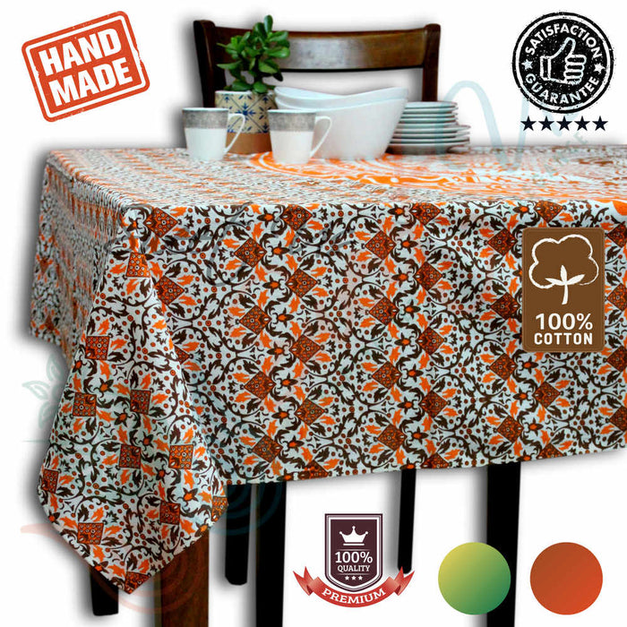 Cotton Tie Dye Floral Tablecloth Rectangle White Orange Blue Green Dining Linen - Sweet Us