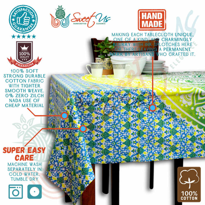 Cotton Tie Dye Floral Tablecloth Rectangle White Orange Blue Green Dining Linen - Sweet Us