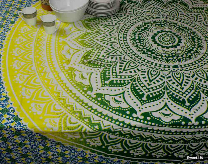 Cotton Tie Dye Floral Tablecloth Rectangle White Orange Blue Green Dining Linen - Sweet Us