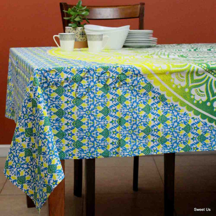 Cotton Tie Dye Floral Tablecloth Rectangle White Orange Blue Green Dining Linen - Sweet Us