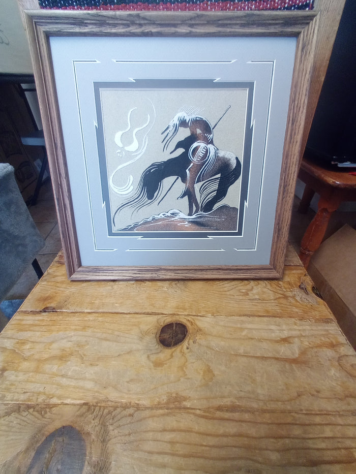 End of Trail Sand Painting by Michael Watchman; 13"x13" framed; SP96-1